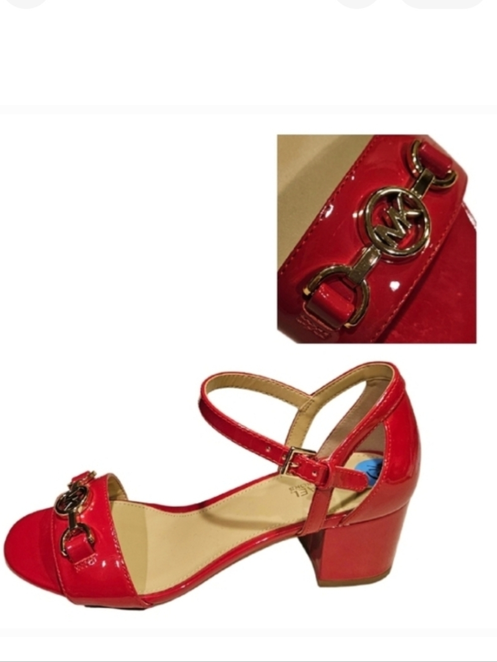 NEW! MICHAEL KORS Red & Gold Patent Mid Heel Open Toe Sandals 6.5.